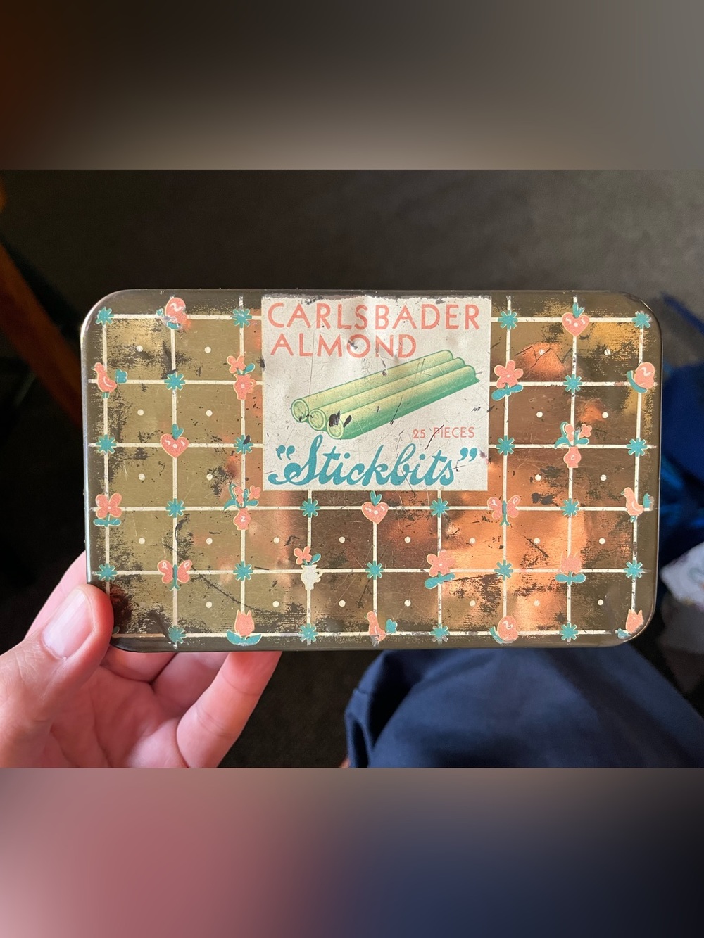 Vintage MCM Carlsbader Almond Stickbits Candy Tin Advertising New York Floral
